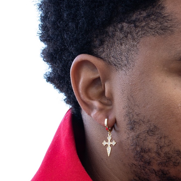 Cross Dangle Mens Iced Gold 925 Sterling Silver Huggie Dagger Hoop Earrings - Picture 5 of 6